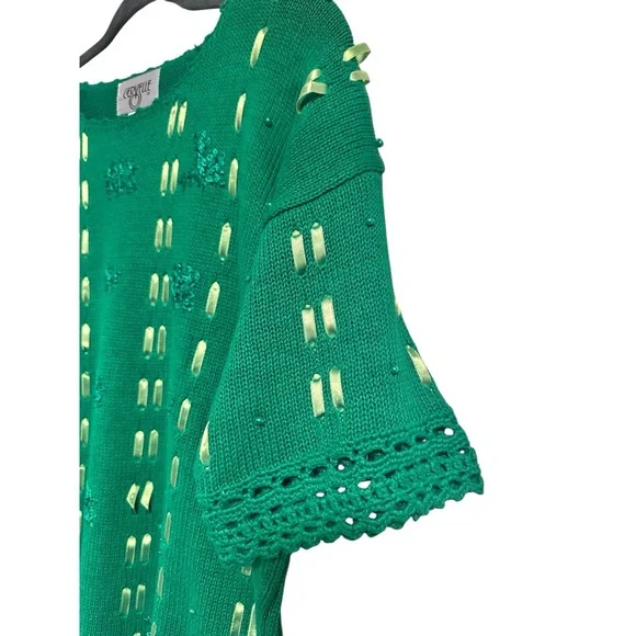 Cervelle Green Crochet Trim Whimsical Knit Sweater Ribbon Embroidered Floral L - Picture 3 of 15